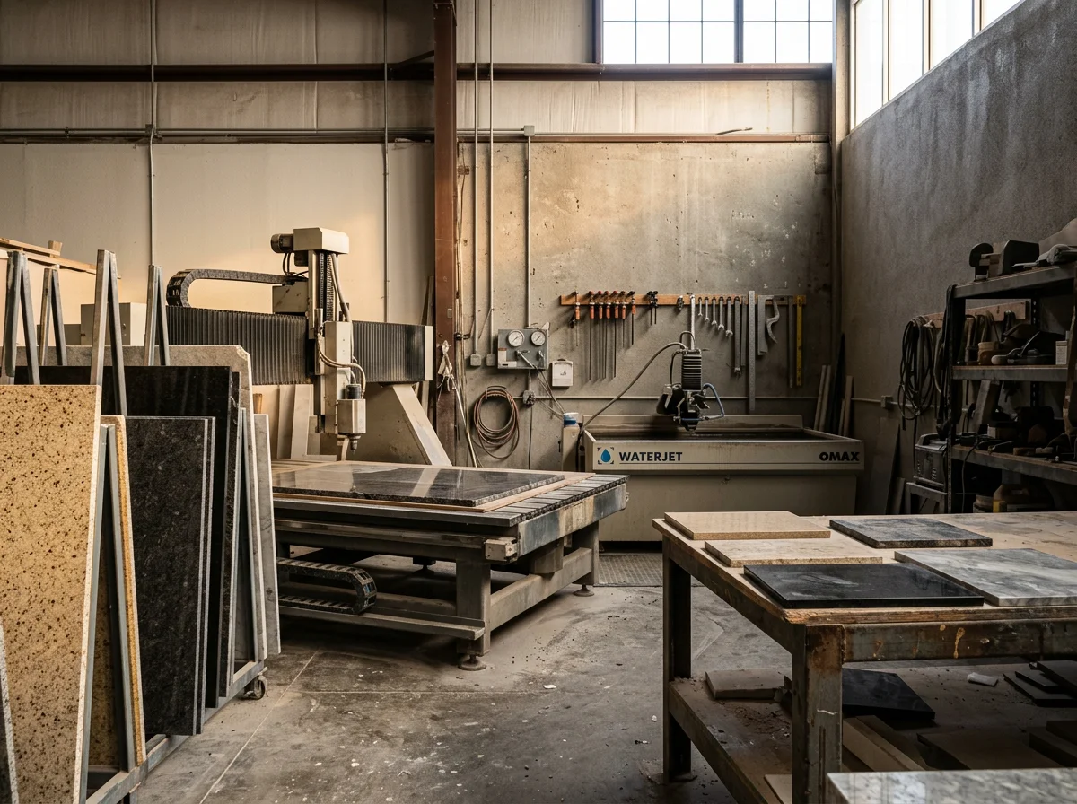 Stone fabrication shop with CNC equipment and finished stone slabs ready for installation.