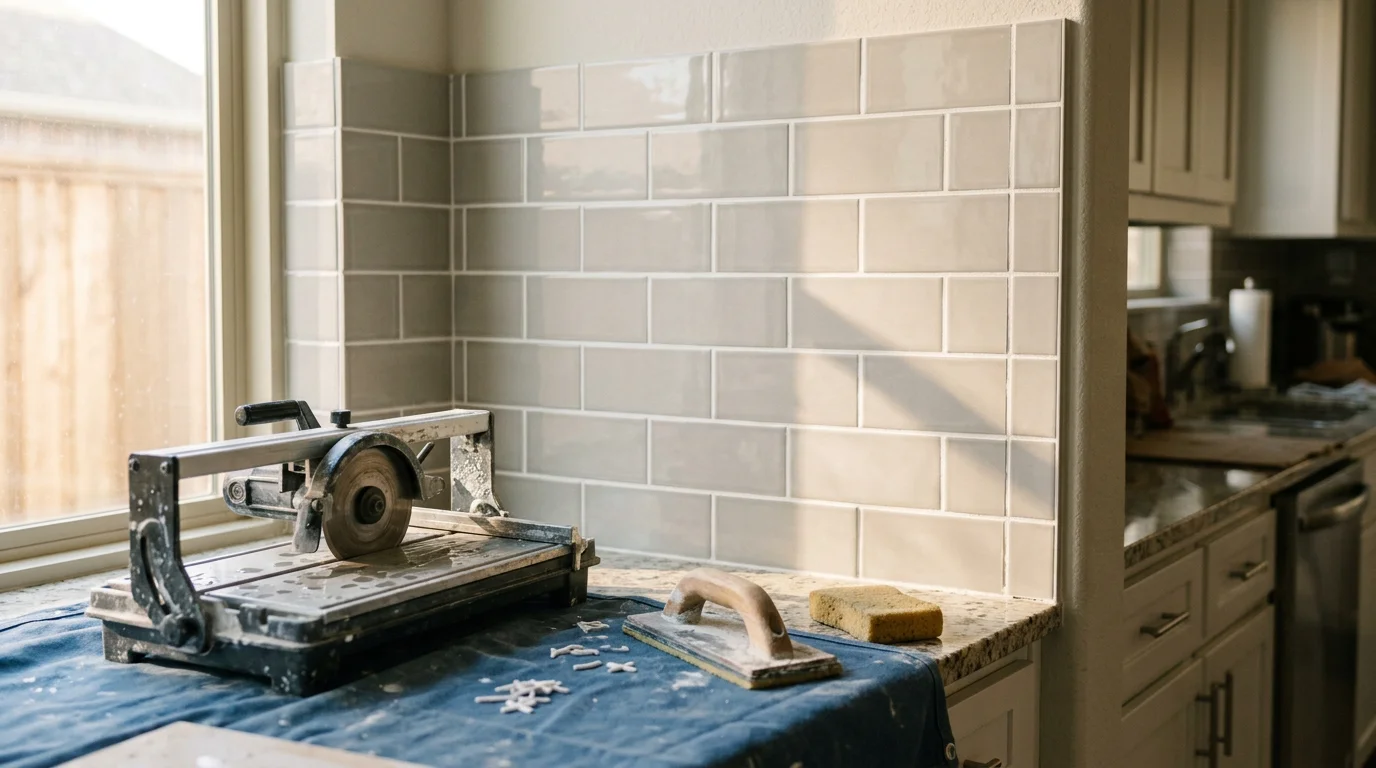 Stone backsplash installation above a kitchen countertop in Dallas-Fort Worth
