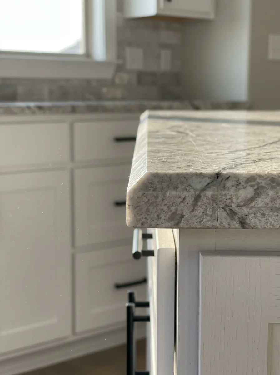 Close-up portrait of a polished natural stone countertop edge in a Dallas-area kitchen, showing tight seam work and a beveled profile against white cabinetry.