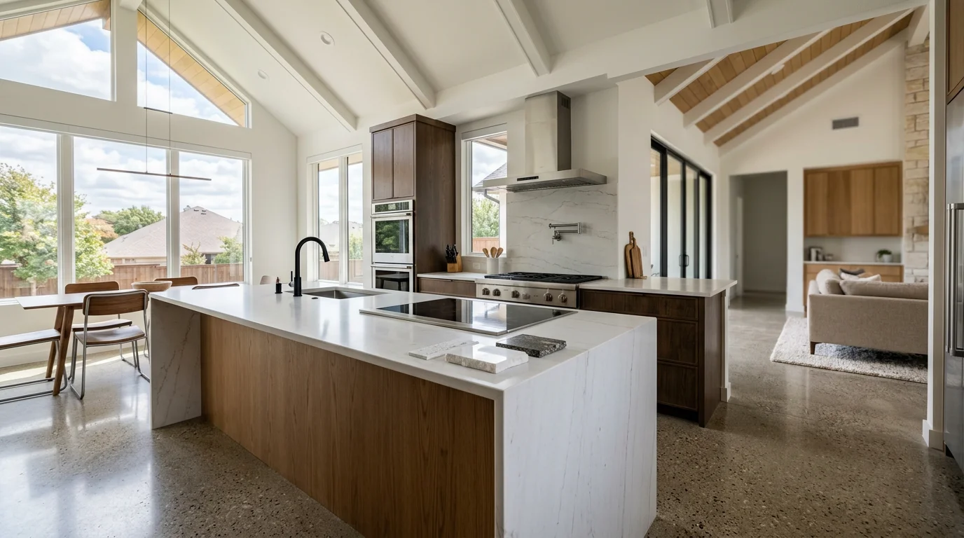 Wide-angle view of a large open-concept DFW kitchen featuring a white quartzite waterfall island with a CNC-cut cooktop opening, paired with a matching stone backsplash.