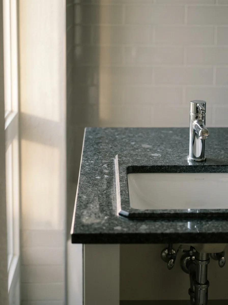 Portrait view of a compact stone vanity top installation in a Dallas Uptown condo, showing a rectangular undermount sink with a clean polished edge in a tight bathroom footprint.