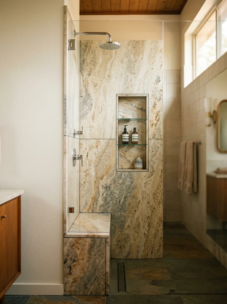 Portrait view of a full stone shower wall installation in a Fort Worth mid-century home, showing large-format natural stone panels with a built-in niche and polished stone bench seat.