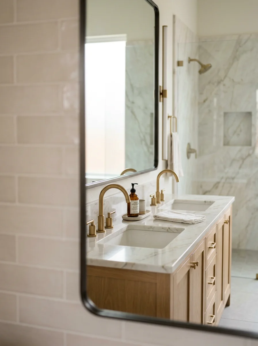 Portrait view of a Frisco luxury bathroom with a double stone vanity top, rectangular undermount sinks, and a polished quartzite surface matching the primary bathroom shower walls.