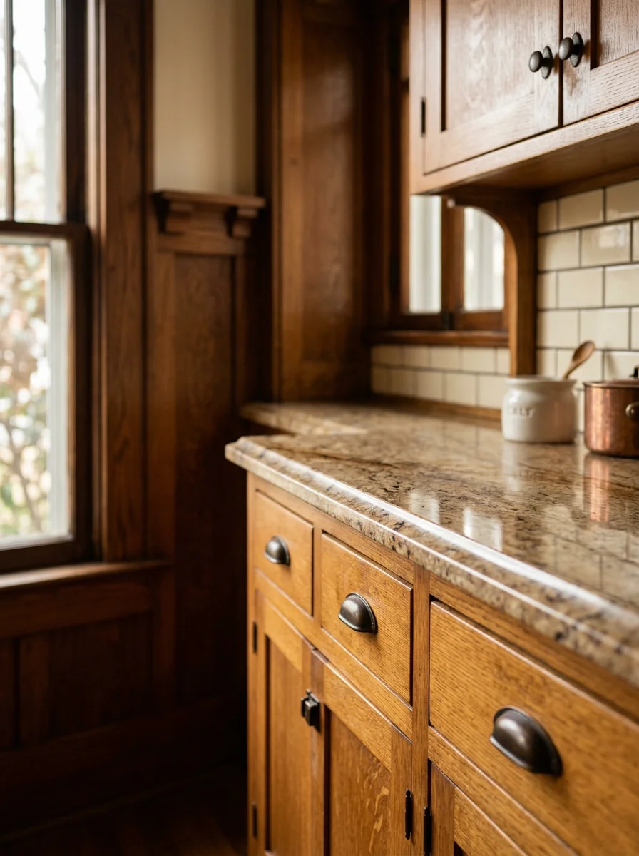 Portrait view of a stone countertop installation in a Historic Downtown McKinney Craftsman home, showing warm-toned granite with a beveled edge against original wood cabinetry.