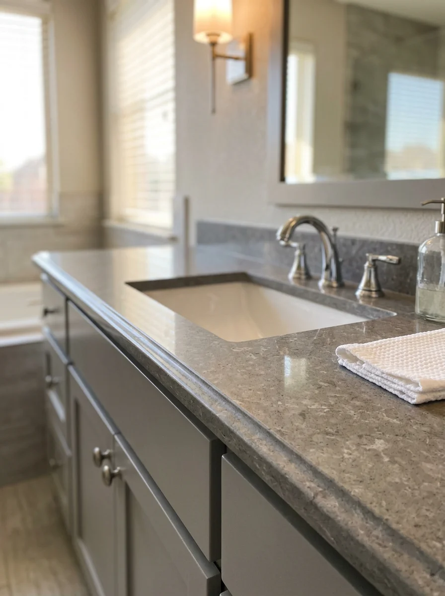 Portrait view of a stone bathroom vanity top with a rectangular undermount sink in a Plano home, showing a polished edge and clean seam against painted cabinetry.