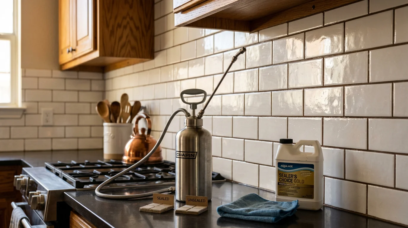 Close-up of sealed ceramic tile backsplash grout lines in a Dallas–Fort Worth kitchen, showing clean, evenly colored joints near the range area. Water beads on the sealed grout surface, demonstrating an intact protective barrier.