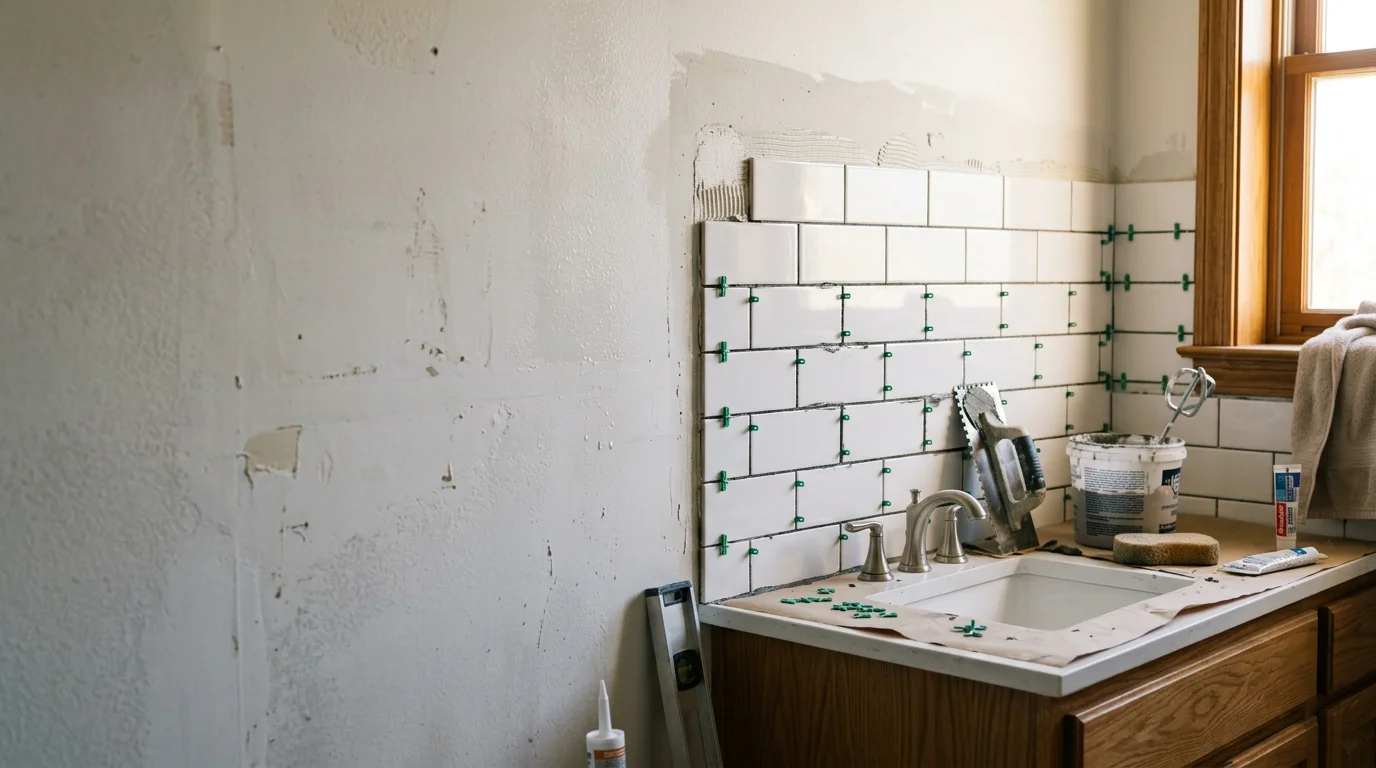 Freshly installed tile backsplash above a bathroom vanity in a Dallas–Fort Worth home, showing clean grout lines and a smooth, water-resistant wall surface. The tile runs from the countertop edge to the upper wall, covering the area behind the sink.