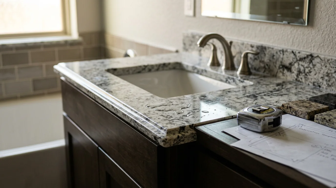 A newly installed custom stone vanity countertop with a precise undermount sink cutout in a Dallas–Fort Worth bathroom. The surface shows clean edge detailing and a smooth finish fitted to a white cabinet.