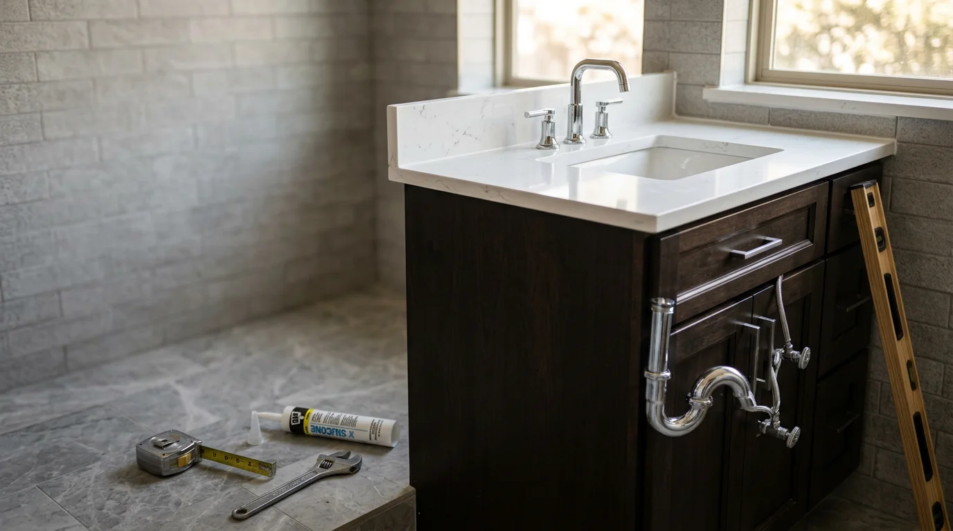 A newly installed bathroom vanity with a stone countertop and undermount sink in a Dallas–Fort Worth home. The cabinet is flush against the wall with plumbing connections neatly set beneath the basin.
