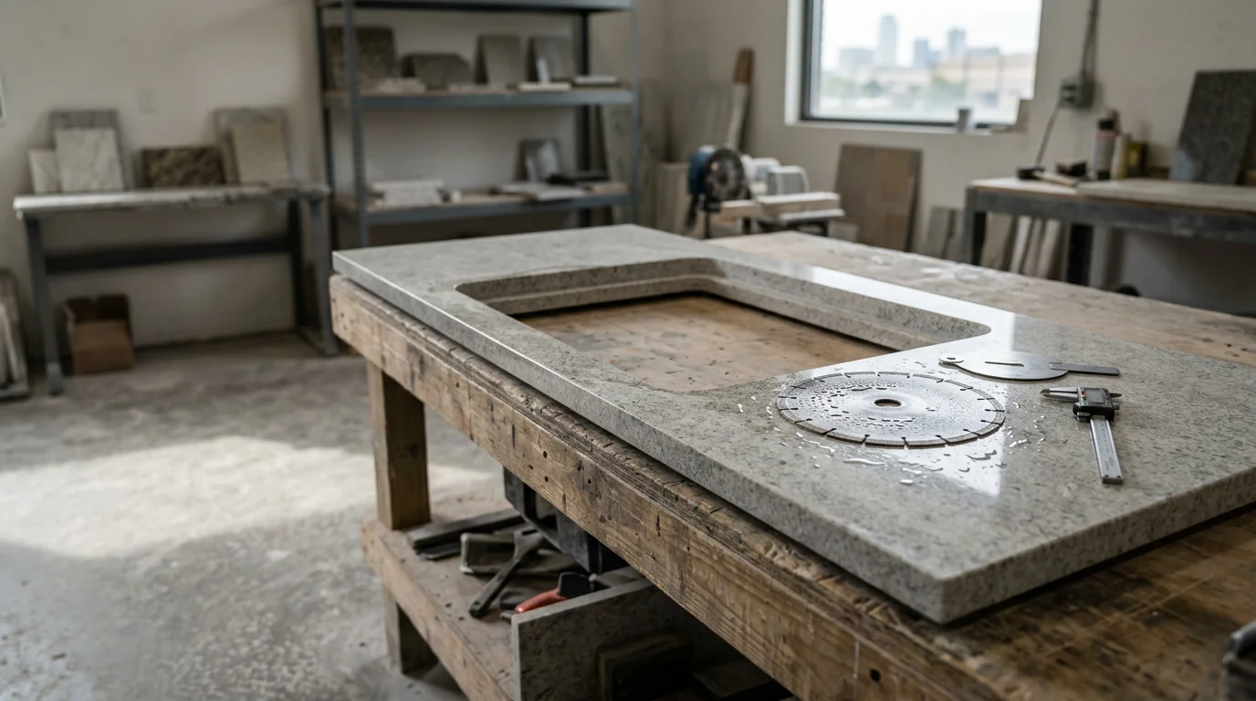 A finished stone countertop in a Dallas–Fort Worth kitchen with a clean, precisely cut rectangular cooktop opening showing smooth, polished edges and even stone borders on all four sides. The cooktop sits flush within the opening against light-colored cabinetry.