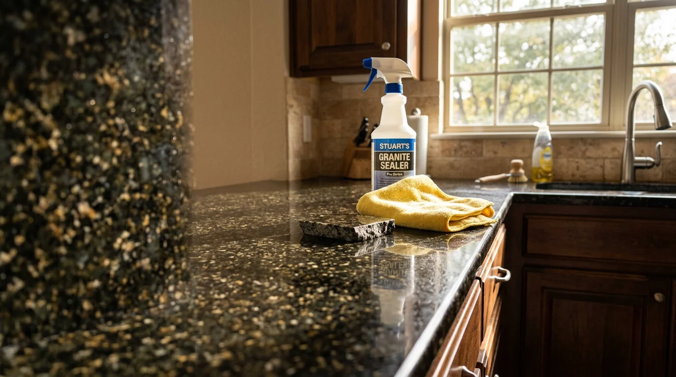 A sealed natural stone countertop in a Dallas–Fort Worth kitchen with water beading on the surface. A countertop contractor applies professional sealer to a cleaned stone surface during a maintenance visit.