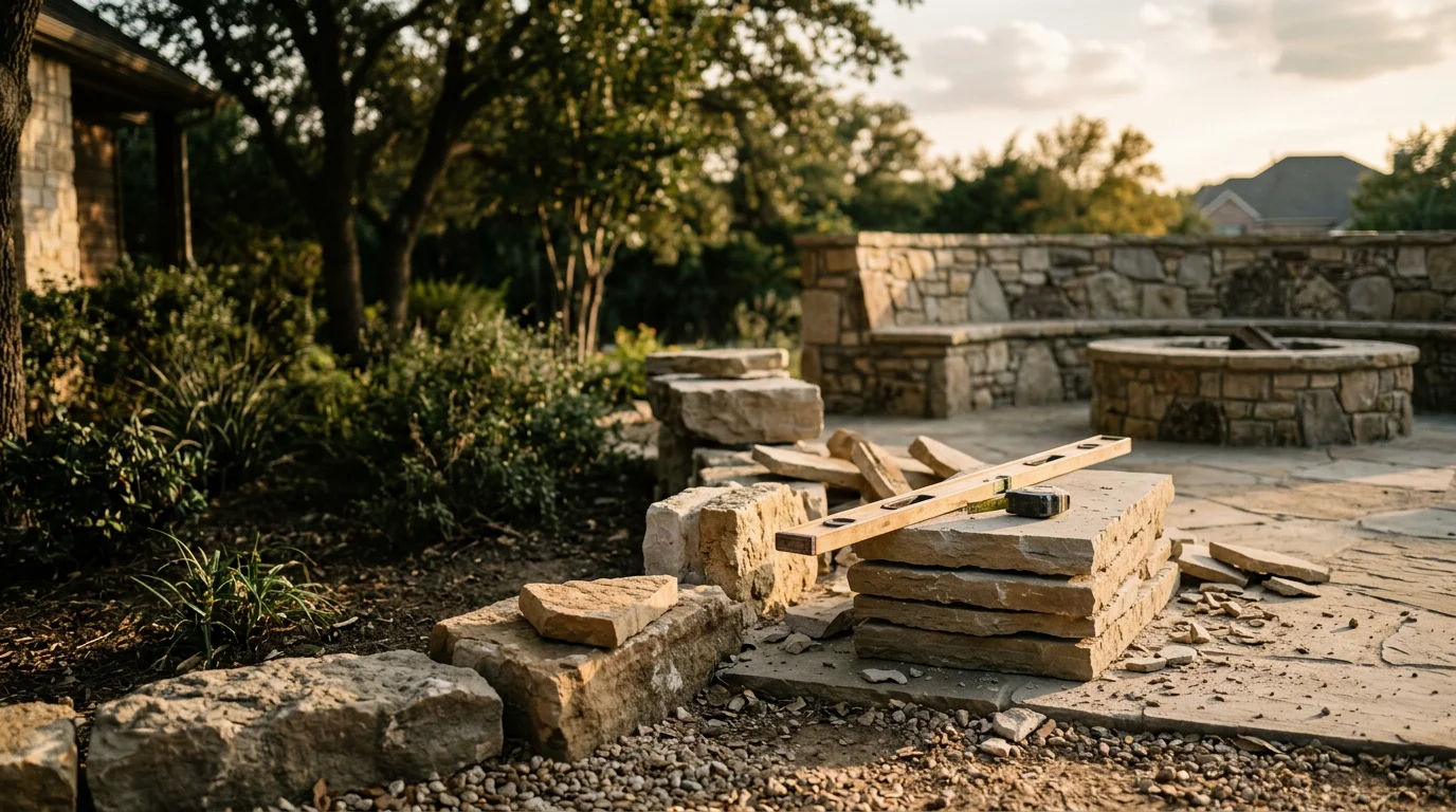 A decorative natural stone accent wall and fire pit feature in a Dallas–Fort Worth backyard outdoor living space. The stone surfaces show varied texture and earth-tone coloring suited to North Texas residential architecture.
