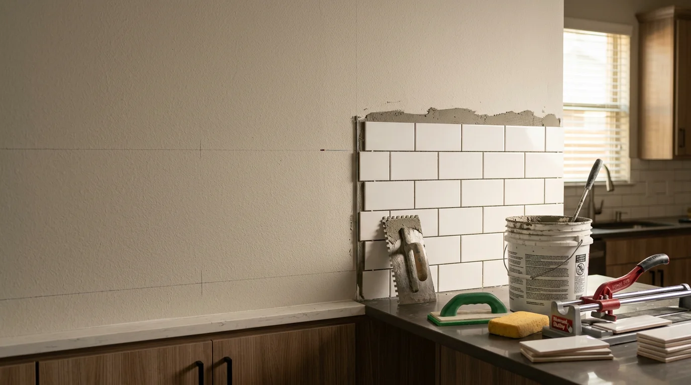 Freshly installed tile kitchen backsplash behind a residential range and countertop in a Dallas–Fort Worth home. Even grout lines and clean outlet cutouts show the finished result of a professional tile installation.