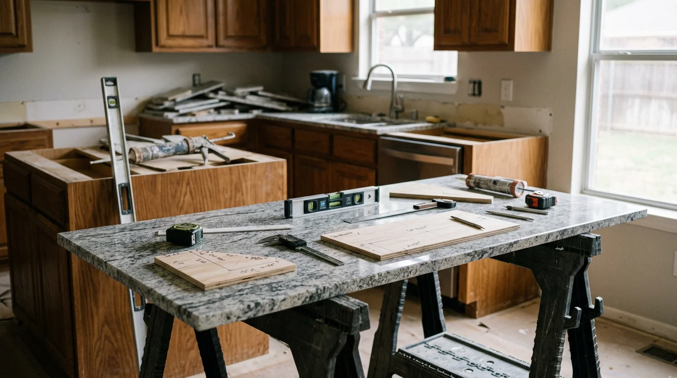Newly installed stone kitchen countertop with clean edge profile and undermount sink cutout in a Dallas–Fort Worth home. The surface runs along full-length perimeter cabinetry in a bright, open-concept kitchen.