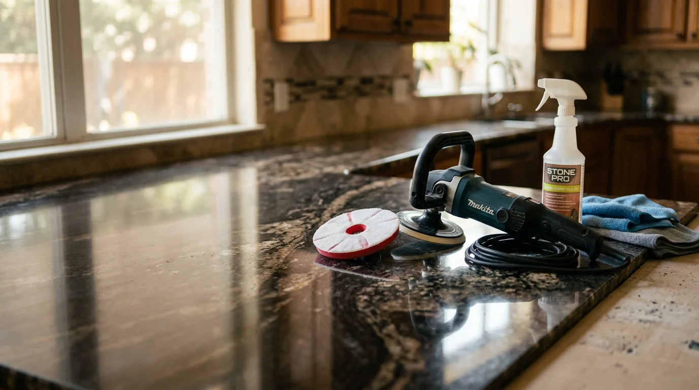A close-up of a natural stone countertop with a high-gloss polished finish in a Dallas–Fort Worth home kitchen. The surface reflects light evenly with no visible scratches or dull patches.