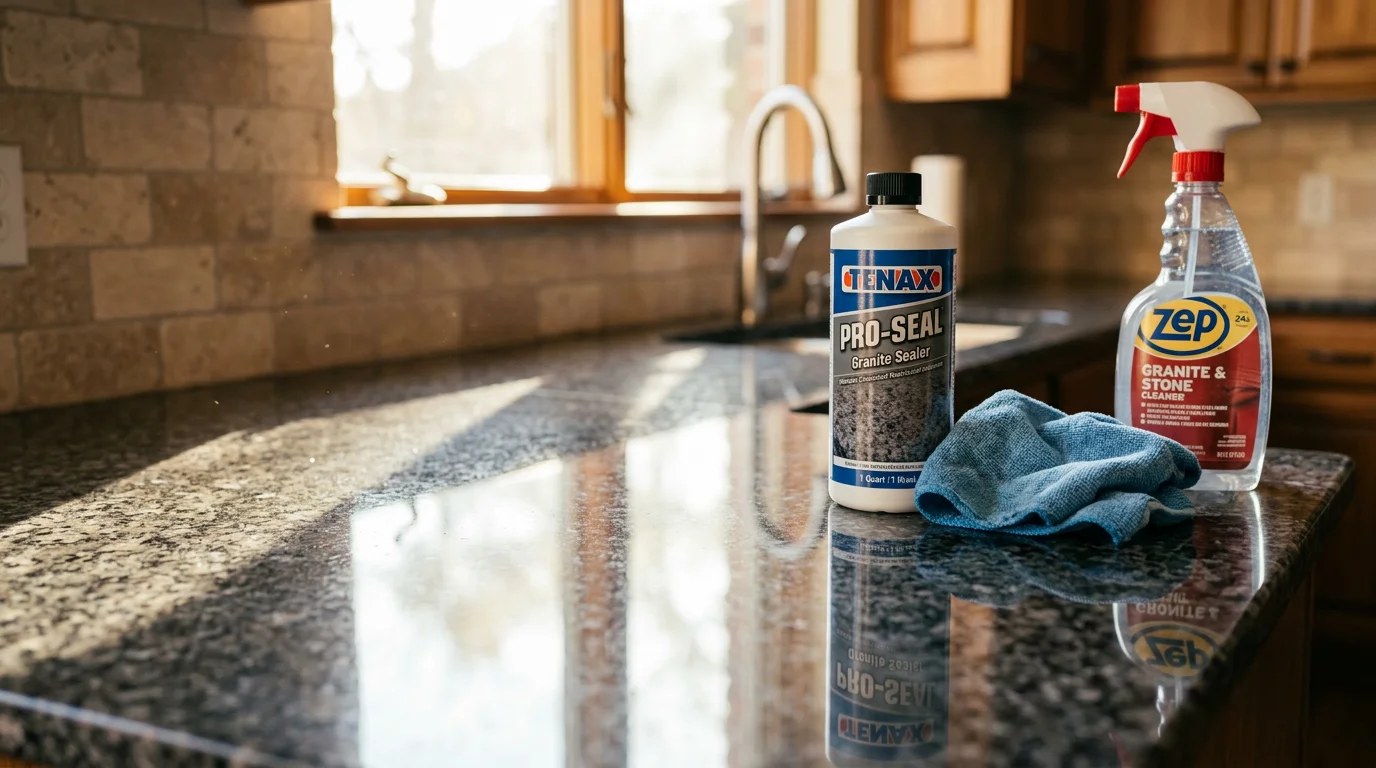 A sealed natural stone patio surface in a Dallas–Fort Worth backyard, showing clean, even stone with no visible staining or moisture damage. A professional applies sealant to the stone surface as part of a routine maintenance visit.