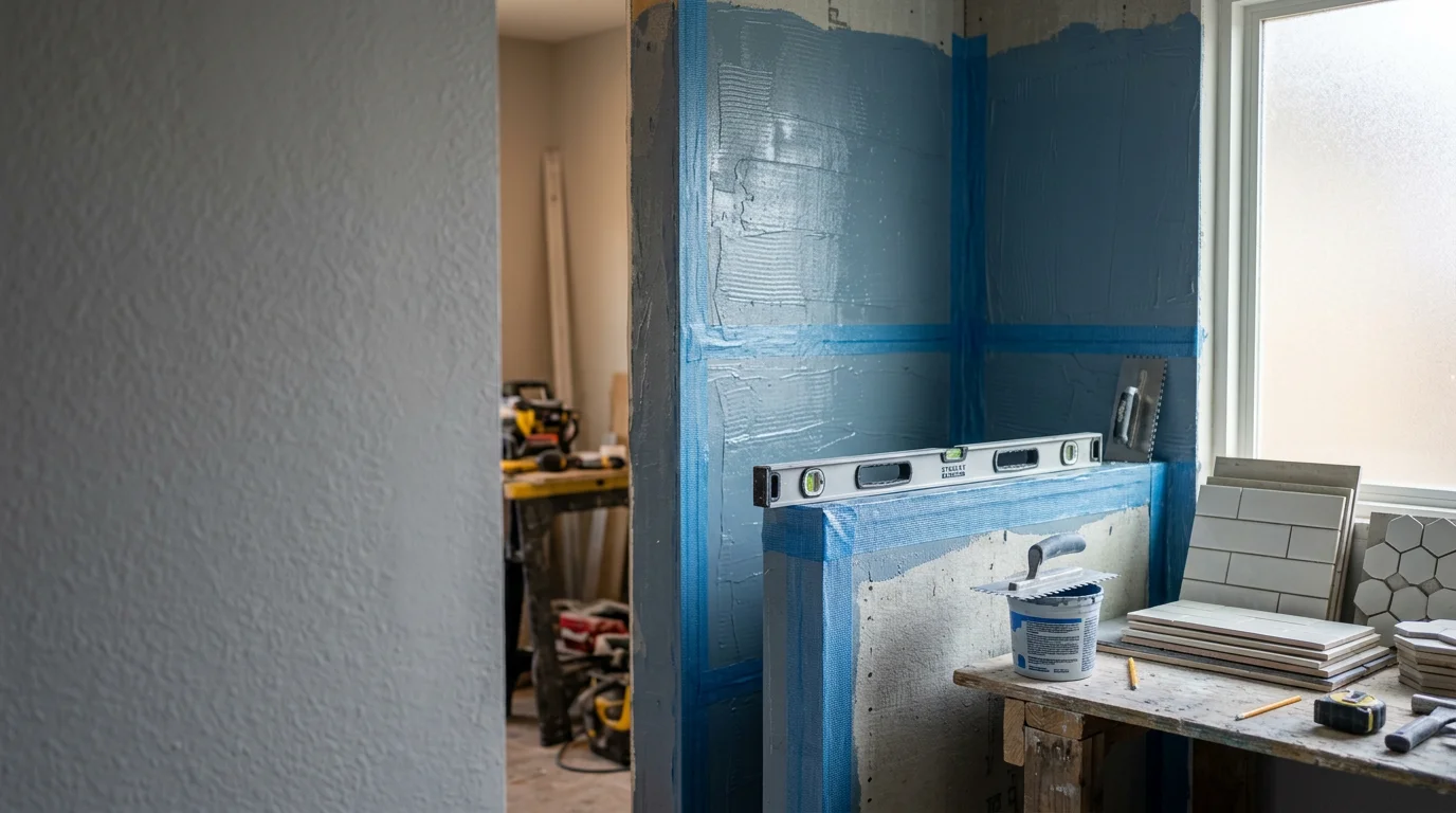 Newly installed stone shower walls in a Dallas–Fort Worth bathroom, showing sealed seams and a clean finished surface inside a tiled shower enclosure.