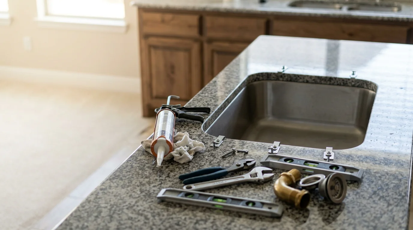 Undermount sink installed flush beneath a stone countertop in a Dallas–Fort Worth kitchen, with sealed edges and a clean cutout finish. The cabinet below is visible and dry, showing proper mounting and sealing work by Apex Stoneworx.