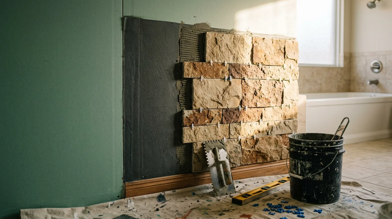 A Dallas–Fort Worth bathroom with natural stone cladding covering the main wall behind a freestanding tub, showing tight grout lines and a sealed matte stone finish. The wall surface runs floor to ceiling with consistent joint spacing and no visible gaps.
