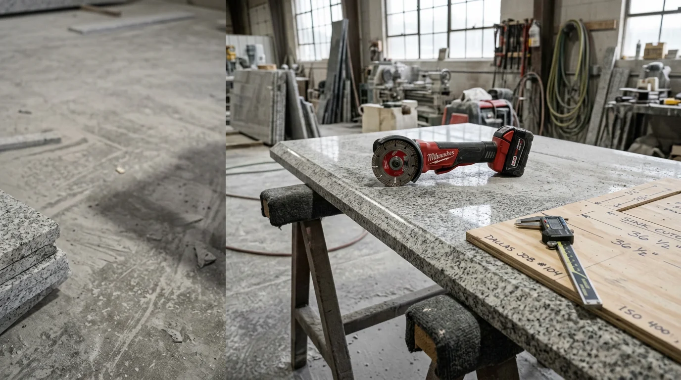 Freshly fabricated natural stone countertop with a clean edge profile installed in a Dallas–Fort Worth kitchen remodel. The slab shows precise sink cutouts and smooth surface finishing ready for use.